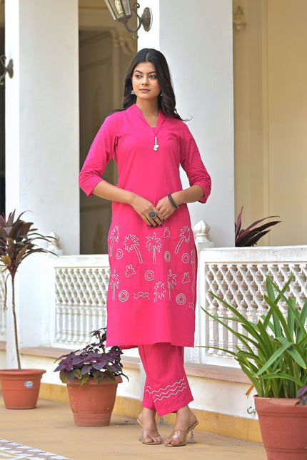 Hot Pink Embroidered Kurta Pant Set for Women | Vaaliyan Collection
