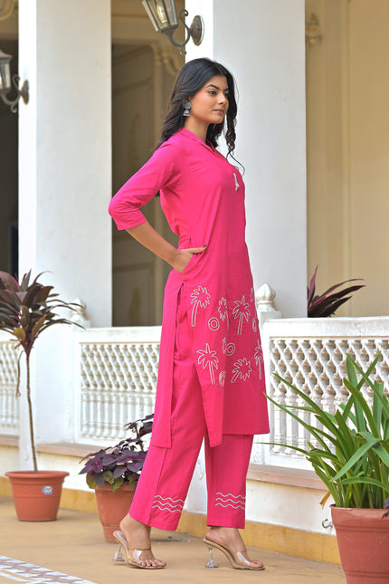 Hot Pink Embroidered Kurta Pant Set for Women | Vaaliyan Collection