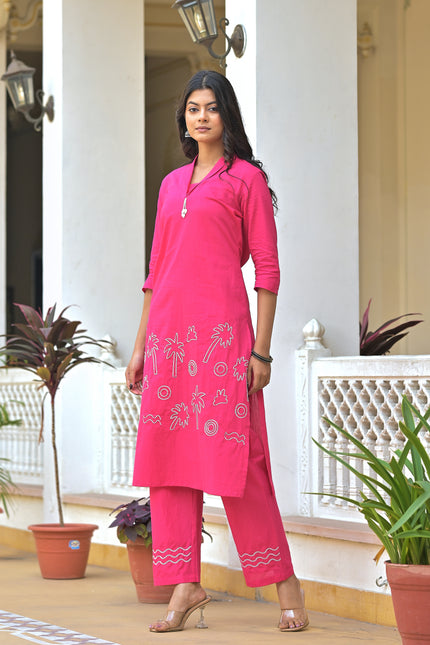 Hot Pink Embroidered Kurta Pant Set for Women | Vaaliyan Collection