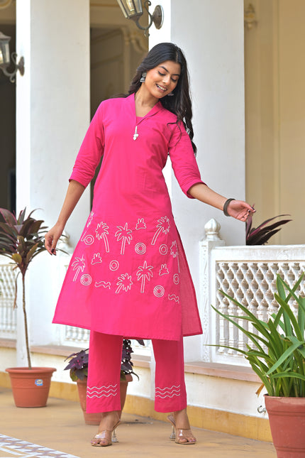Hot Pink Embroidered Kurta Pant Set for Women | Vaaliyan Collection