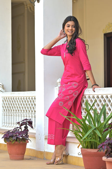Hot Pink Embroidered Kurta Pant Set for Women | Vaaliyan Collection