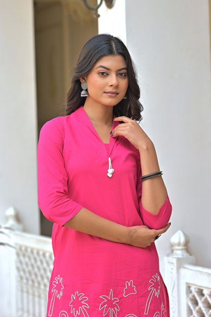 Hot Pink Embroidered Kurta Pant Set for Women | Vaaliyan Collection