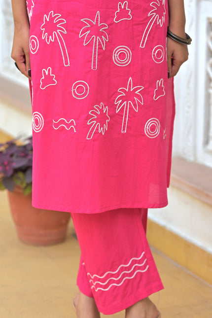 Hot Pink Embroidered Kurta Pant Set for Women | Vaaliyan Collection