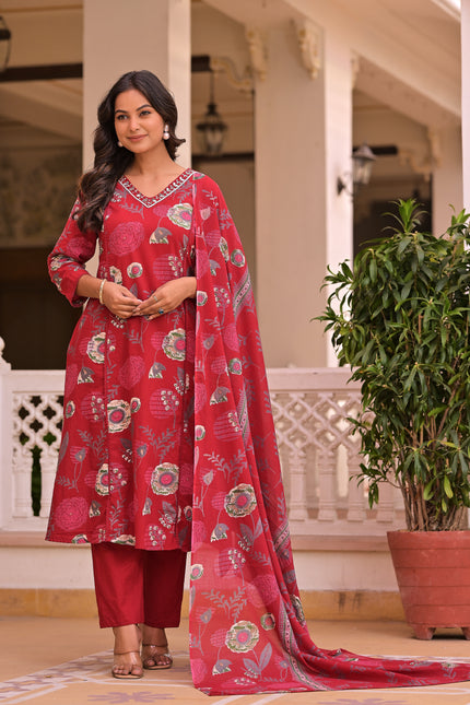 Vaaliyan Heritage Crimson Floral Anarkali Suit with Lace Detail