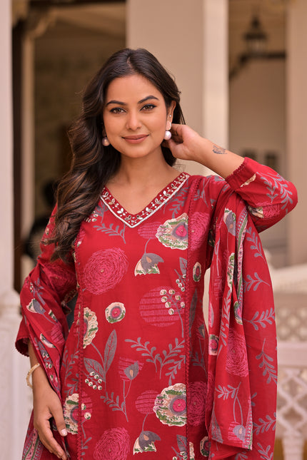Vaaliyan Heritage Crimson Floral Anarkali Suit with Lace Detail