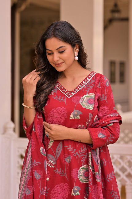 Vaaliyan Heritage Crimson Floral Anarkali Suit with Lace Detail
