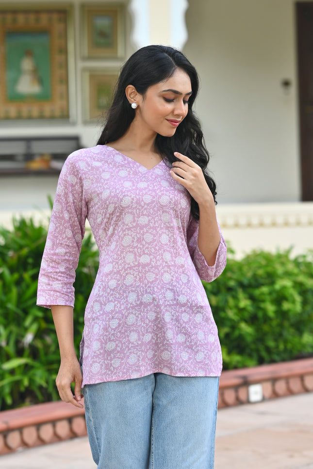 Lavender Rose Print Cotton Top | Vaaliyan