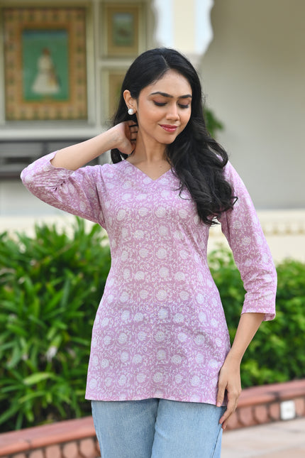 Lavender Rose Print Cotton Top | Vaaliyan