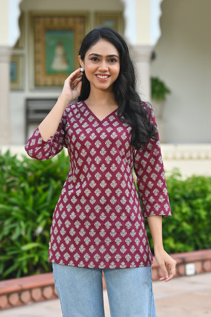 Maroon Block Print Cotton Top | Vaaliyan