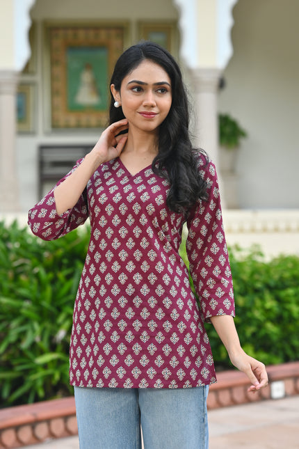 Maroon Block Print Cotton Top | Vaaliyan