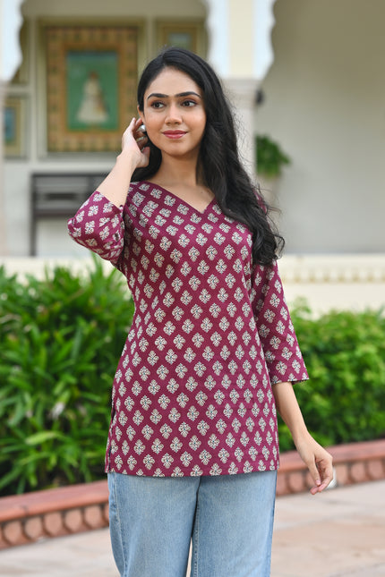 Maroon Block Print Cotton Top | Vaaliyan