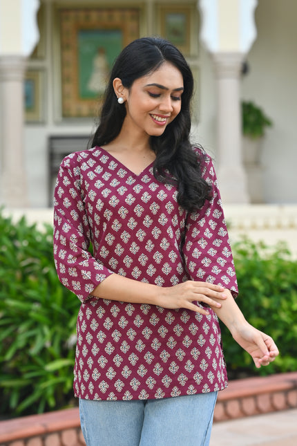 Maroon Block Print Cotton Top | Vaaliyan