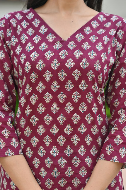 Maroon Block Print Cotton Top | Vaaliyan