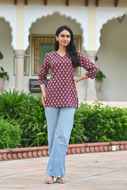 Maroon Block Print Cotton Top | Vaaliyan
