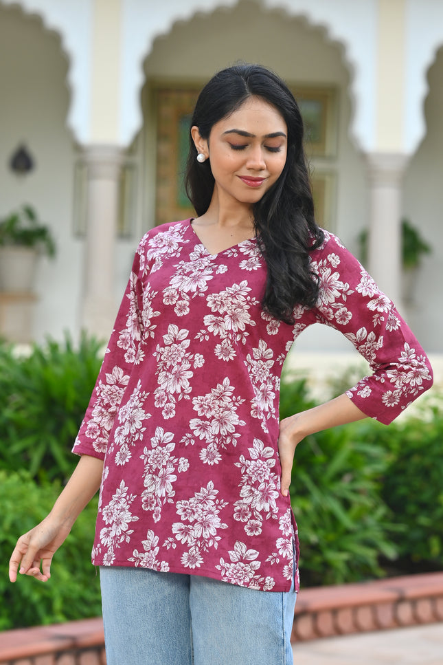 Burgundy Ethnic Print Cotton Top | Everyday Wear
