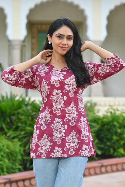 Burgundy Ethnic Print Cotton Top | Everyday Wear