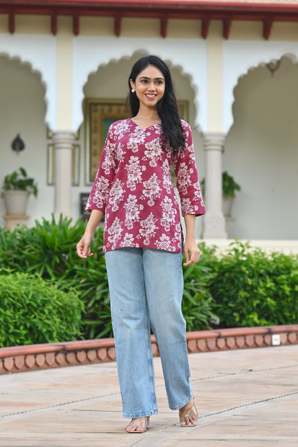 Burgundy Ethnic Print Cotton Top | Everyday Wear