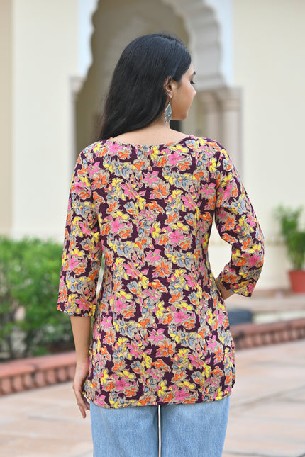 Women's Maroon Floral Casual Top – Stylish V-Neck Everyday Fashion
