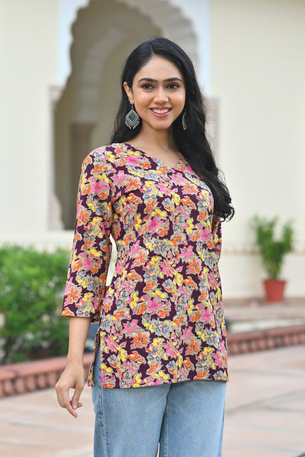 Women's Maroon Floral Casual Top – Stylish V-Neck Everyday Fashion