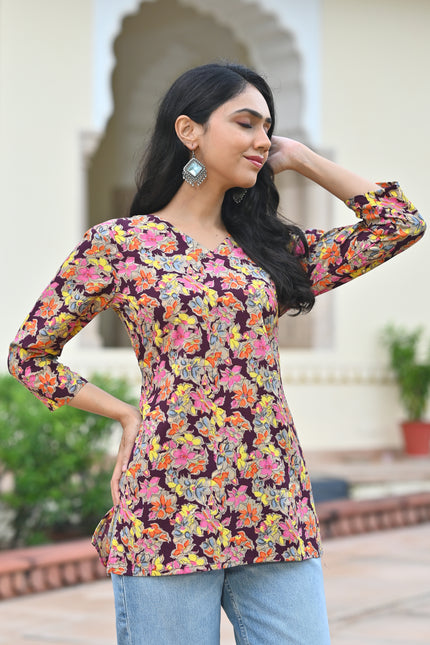 Women's Maroon Floral Casual Top – Stylish V-Neck Everyday Fashion