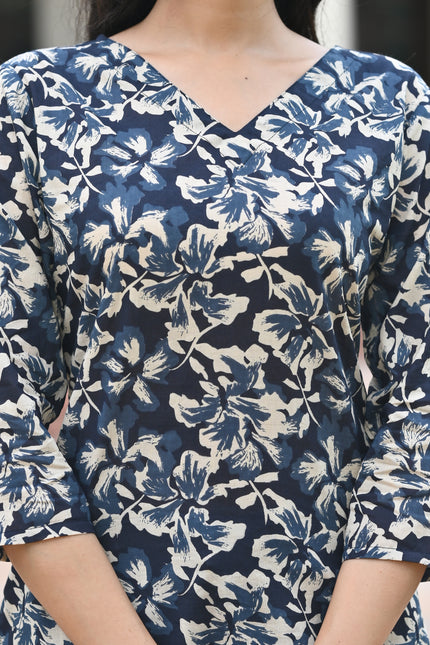 Navy Blue Floral Printed V-Neck Top for Women – Stylish Casual Wear