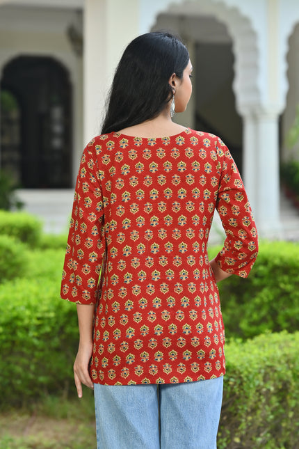 Rust Red Printed V-Neck Top for Women – Elegant Casual Wear