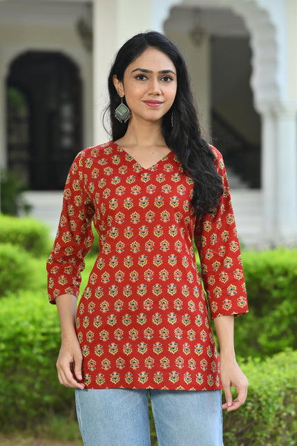 Rust Red Printed V-Neck Top for Women – Elegant Casual Wear