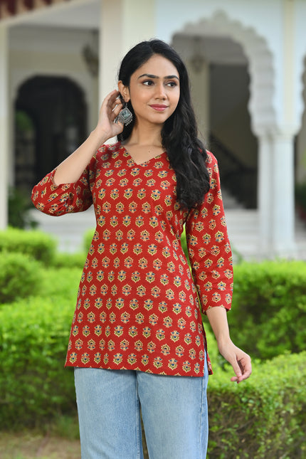 Rust Red Printed V-Neck Top for Women – Elegant Casual Wear