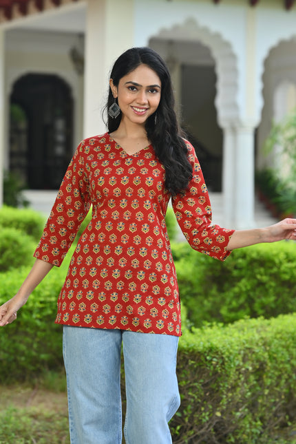 Rust Red Printed V-Neck Top for Women – Elegant Casual Wear