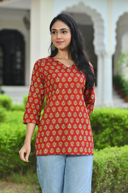 Rust Red Printed V-Neck Top for Women – Elegant Casual Wear