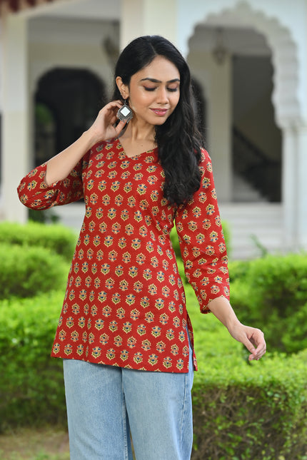 Rust Red Printed V-Neck Top for Women – Elegant Casual Wear