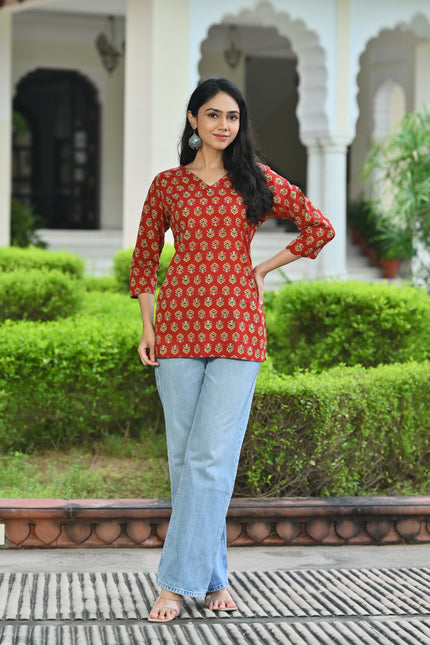 Rust Red Printed V-Neck Top for Women – Elegant Casual Wear