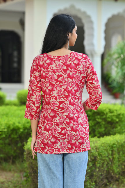 Pink Floral Printed V-Neck Top for Women – Elegant Casual Wear