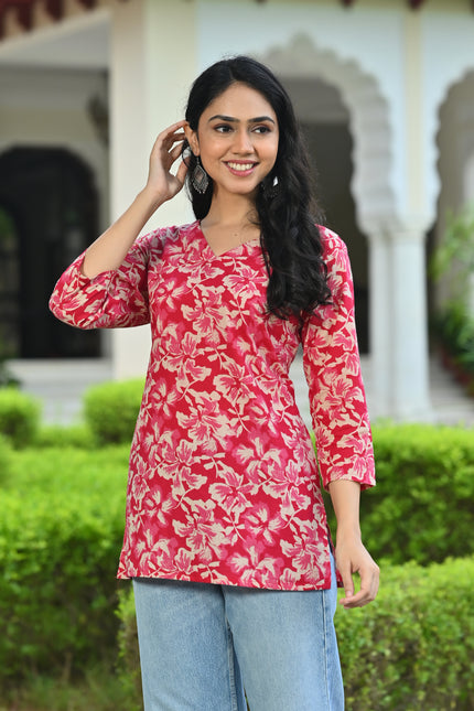Pink Floral Printed V-Neck Top for Women – Elegant Casual Wear