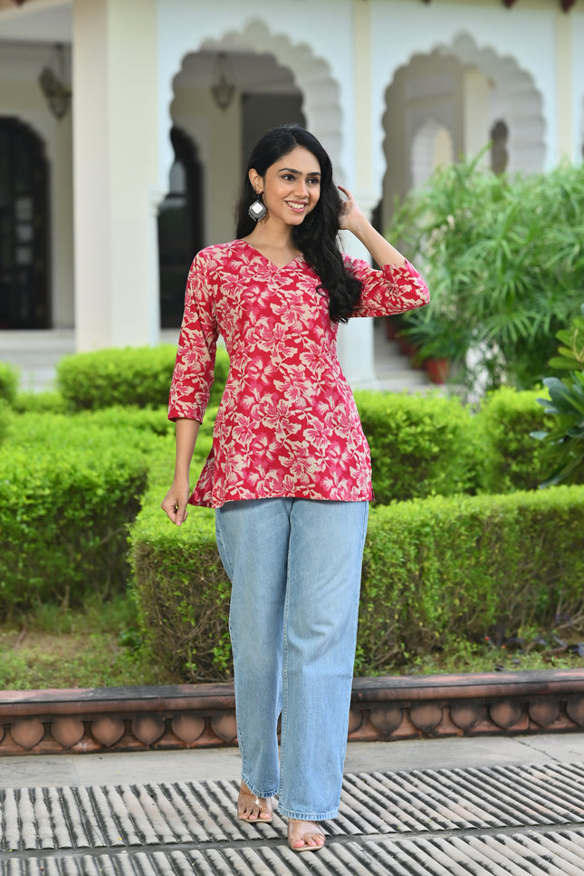 Pink Floral Printed V-Neck Top for Women – Elegant Casual Wear