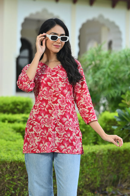 Pink Floral Printed V-Neck Top for Women – Elegant Casual Wear