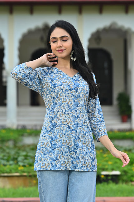 Women's Sky Blue Floral Print V-Neck Casual Top – Stylish Everyday Wear