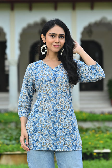 Women's Sky Blue Floral Print V-Neck Casual Top – Stylish Everyday Wear