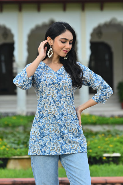 Women's Sky Blue Floral Print V-Neck Casual Top – Stylish Everyday Wear