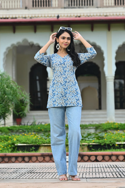 Women's Sky Blue Floral Print V-Neck Casual Top – Stylish Everyday Wear