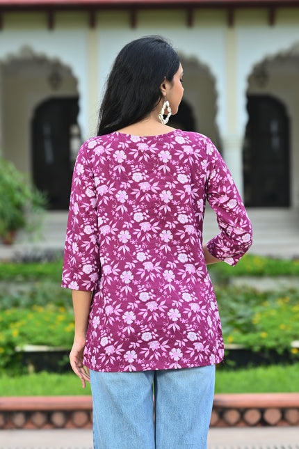 Purple Floral Printed V-Neck Top for Women – Elegant Casual Wear