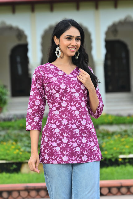 Purple Floral Printed V-Neck Top for Women – Elegant Casual Wear