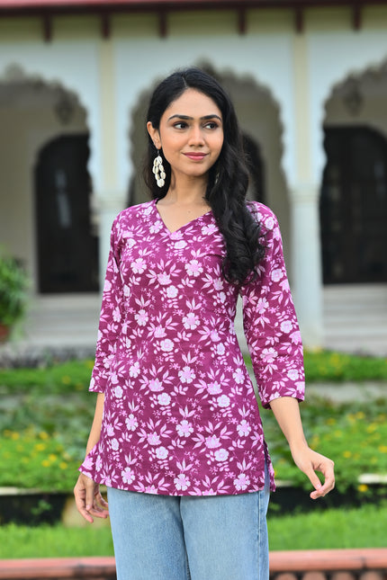 Purple Floral Printed V-Neck Top for Women – Elegant Casual Wear