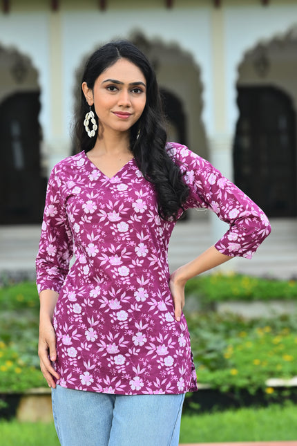 Purple Floral Printed V-Neck Top for Women – Elegant Casual Wear