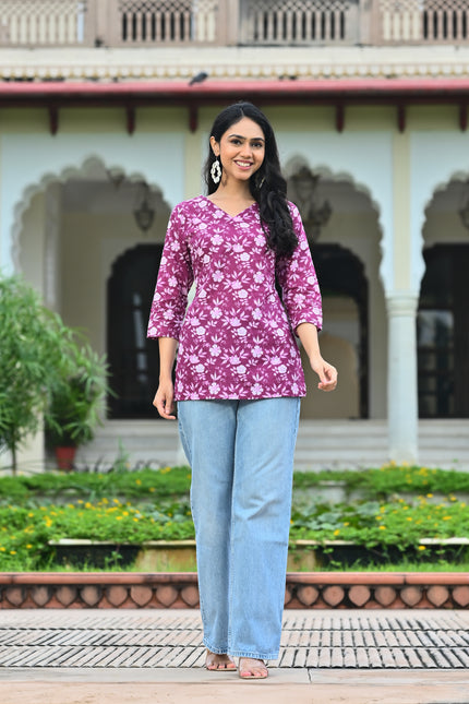 Purple Floral Printed V-Neck Top for Women – Elegant Casual Wear