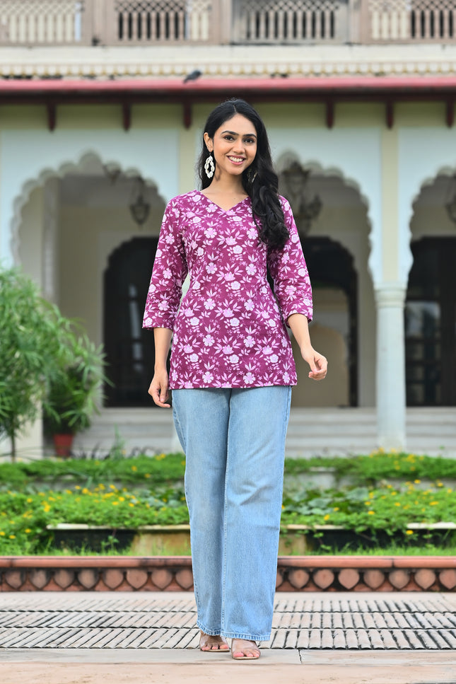 Purple Floral Printed V-Neck Top for Women – Elegant Casual Wear