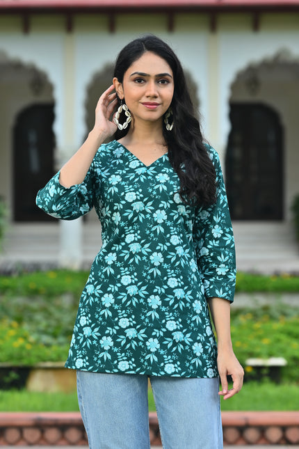 Women's Dark Green Floral Print V-Neck Casual Top – Stylish Everyday Wear