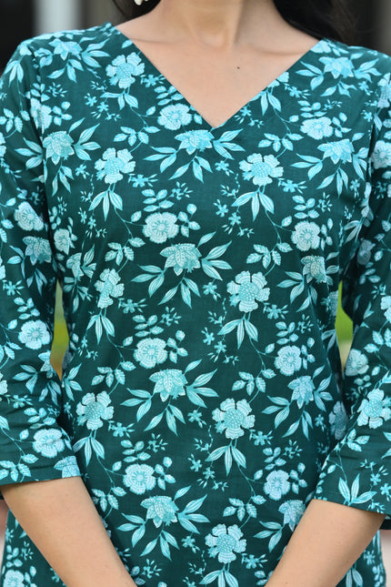 Women's Dark Green Floral Print V-Neck Casual Top – Stylish Everyday Wear