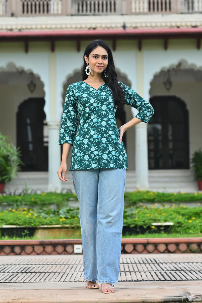 Women's Dark Green Floral Print V-Neck Casual Top – Stylish Everyday Wear