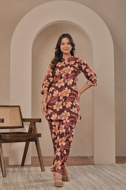 Maroon Floral Printed Kurta Pant Co-Ord Set for Women | Elegant Ethnic Kurti Set